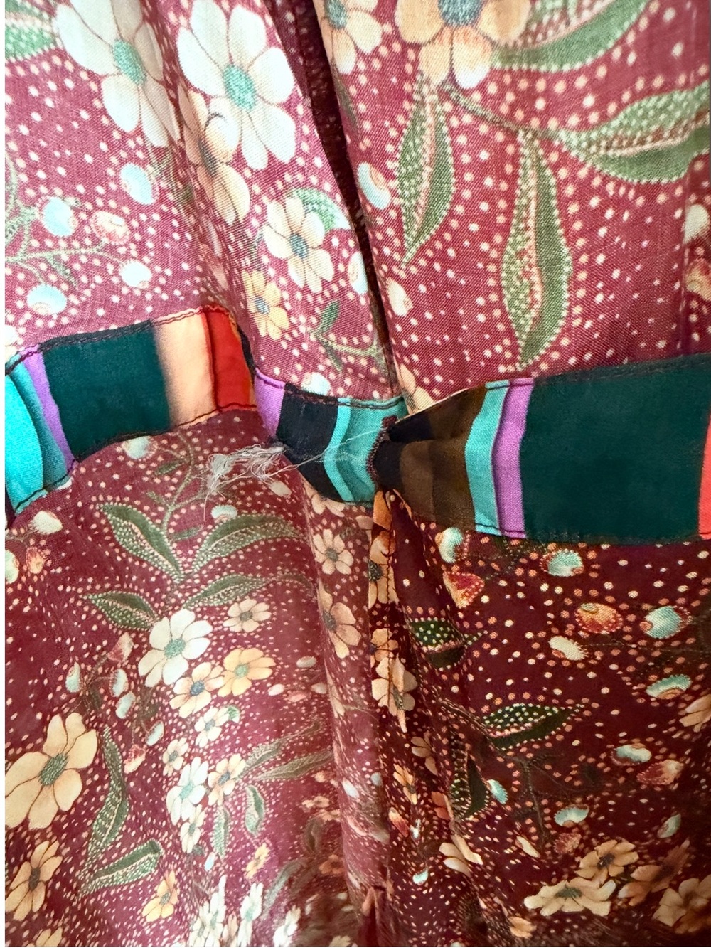 FARM Rio Burgundy Floral Maxi Wrap Dress with Multicolor Striped Trim - Picture 7 of 16